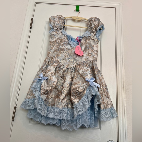 NWT Sugar Thrillz - Dolls Kill - Mini Dress - Tea and Circumstance Brocade, Blue - Picture 6 of 6